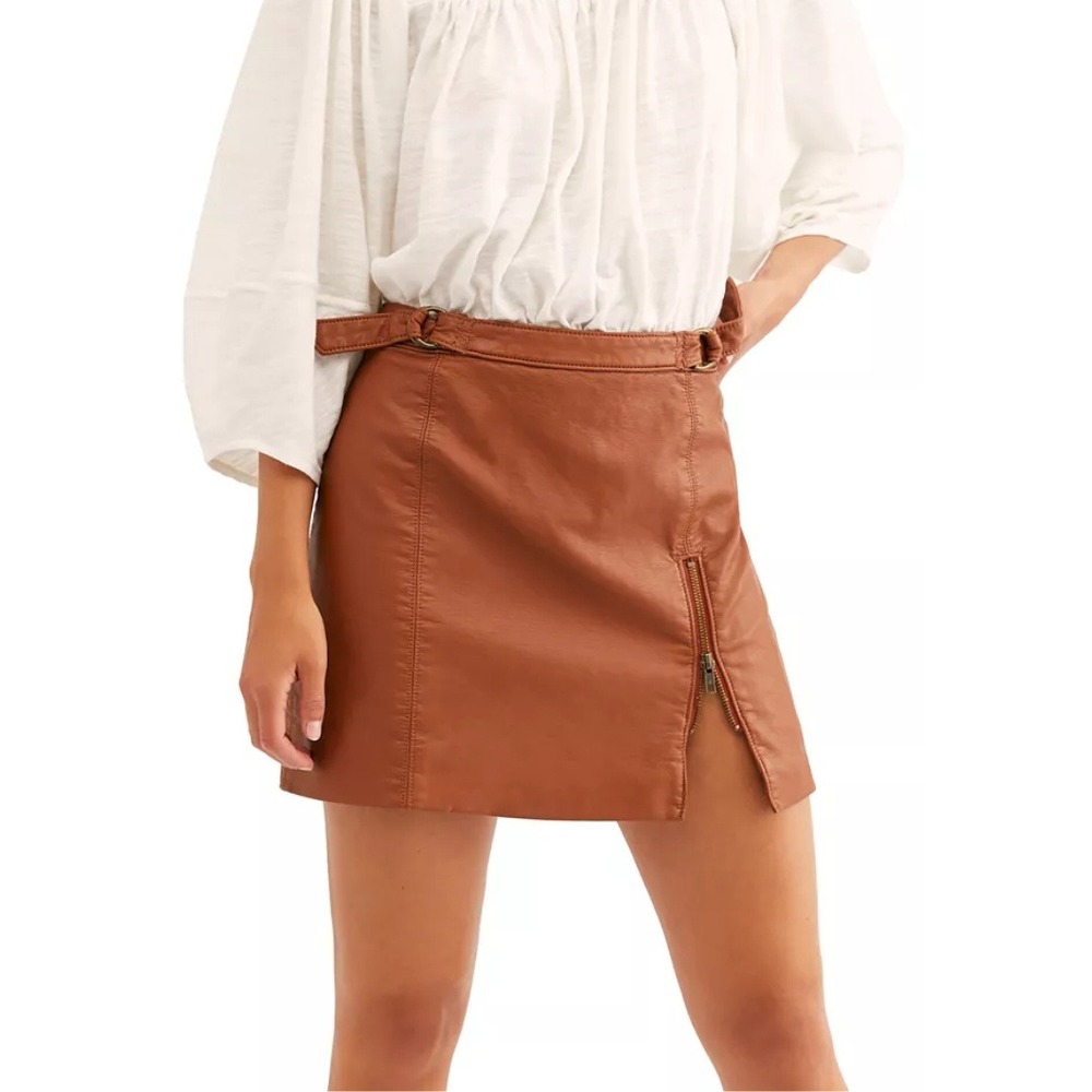 Free People Skirt Womens Size 4 Brown Vegan Faux Leather Mini Zip Buckle Western